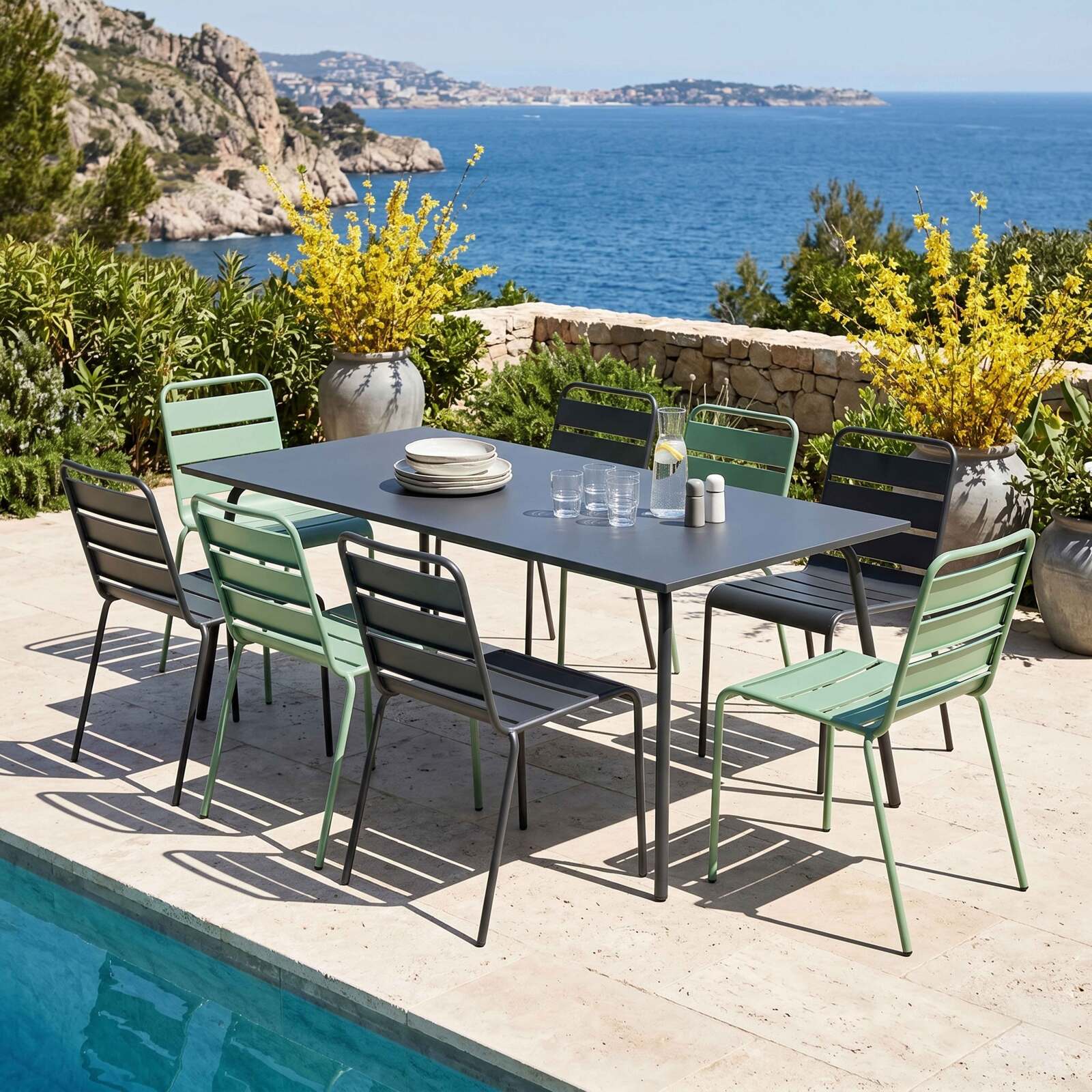 Tavolo da giardino in metallo 180x90 cm e 8 sedie spaiate