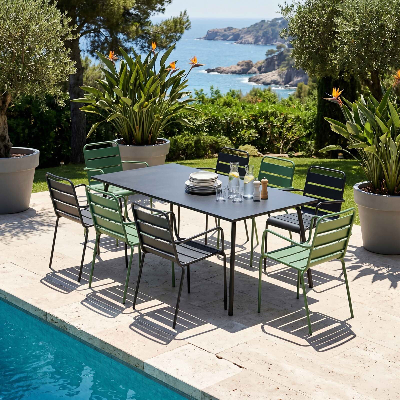 Tavolo da giardino in metallo 180x90 cm e 8 sedie spaiate con braccioli
