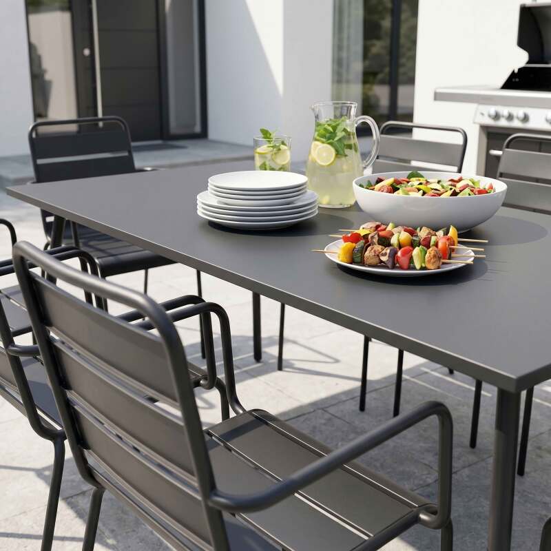 Tavolo da giardino in metallo 180x90 cm e 8 sedie con braccioli (2/7)