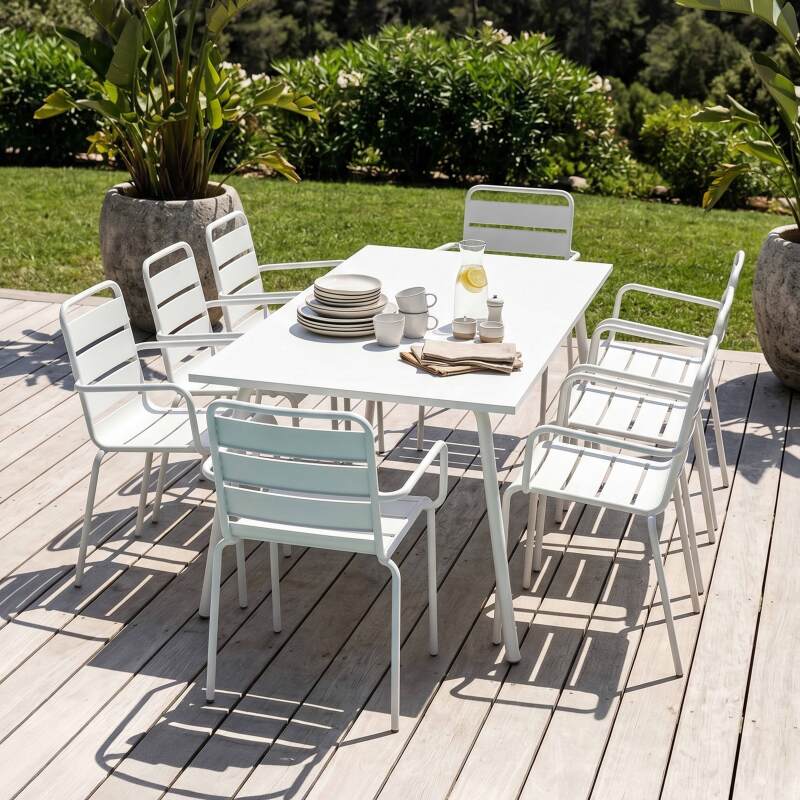 Tavolo da giardino in metallo 180x90 cm e 8 sedie con braccioli