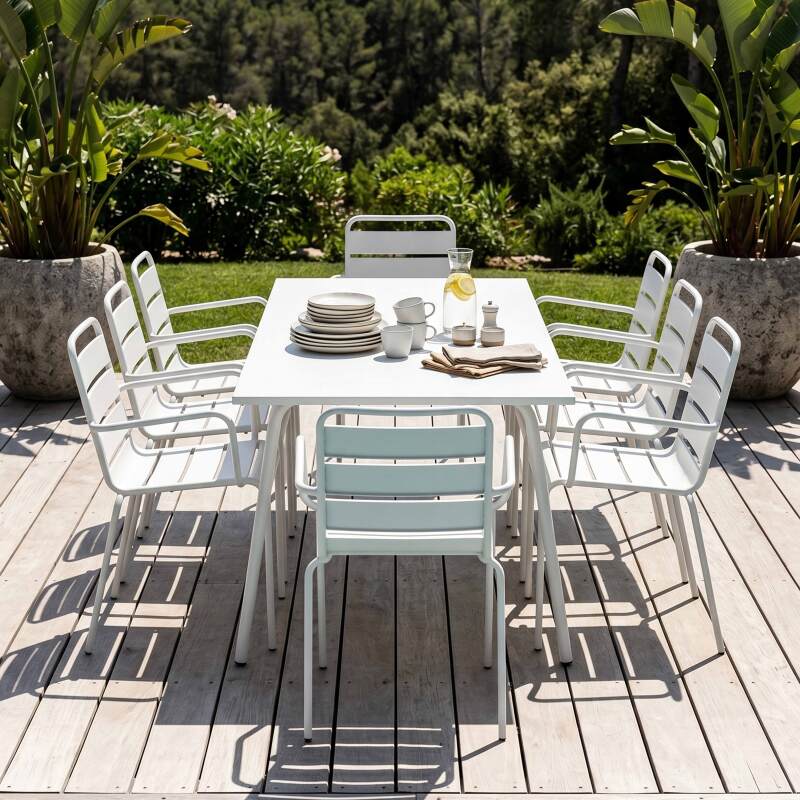 Tavolo da giardino in metallo 180x90 cm e 8 sedie con braccioli (2/7)