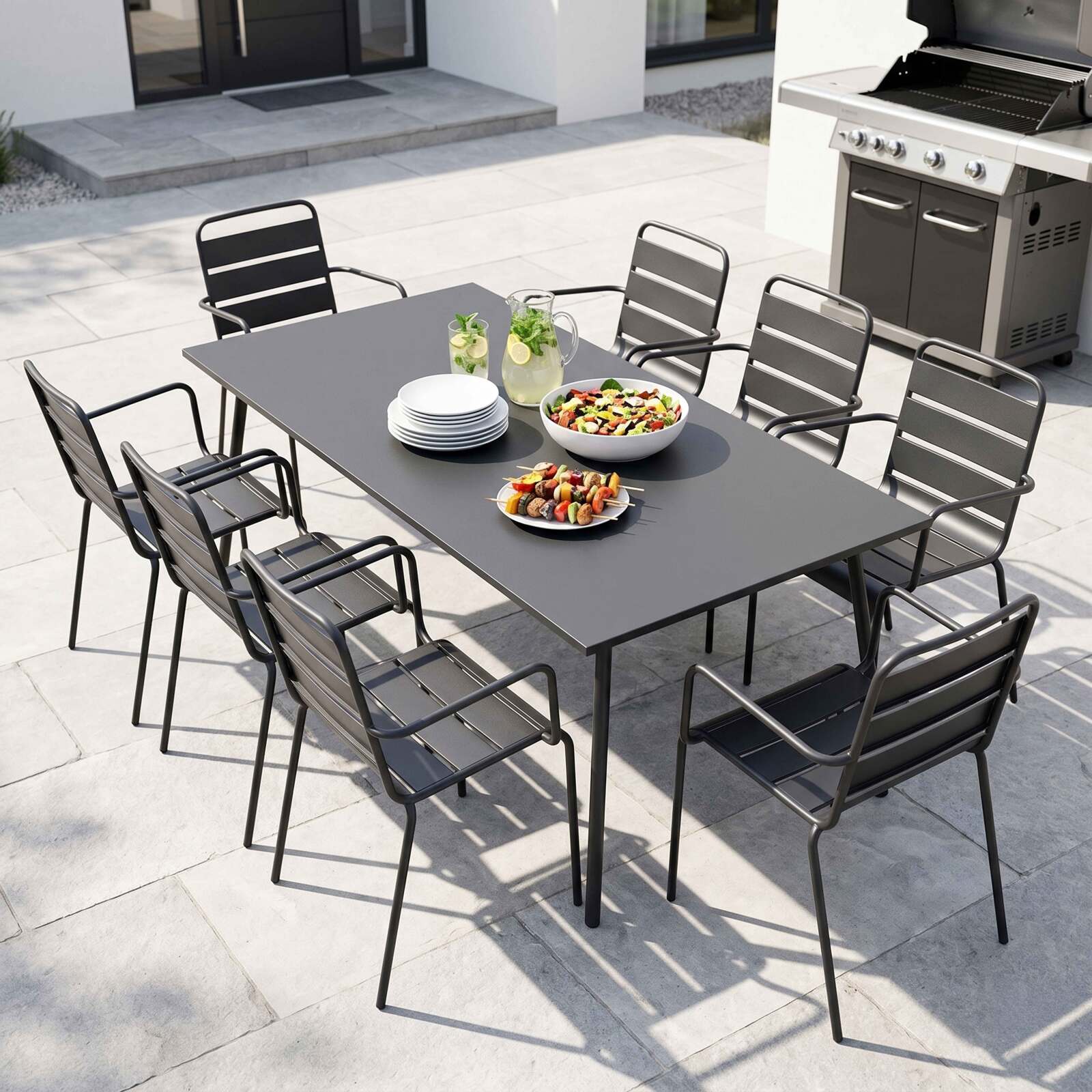 Tavolo da giardino in metallo 180x90 cm e 8 sedie con braccioli