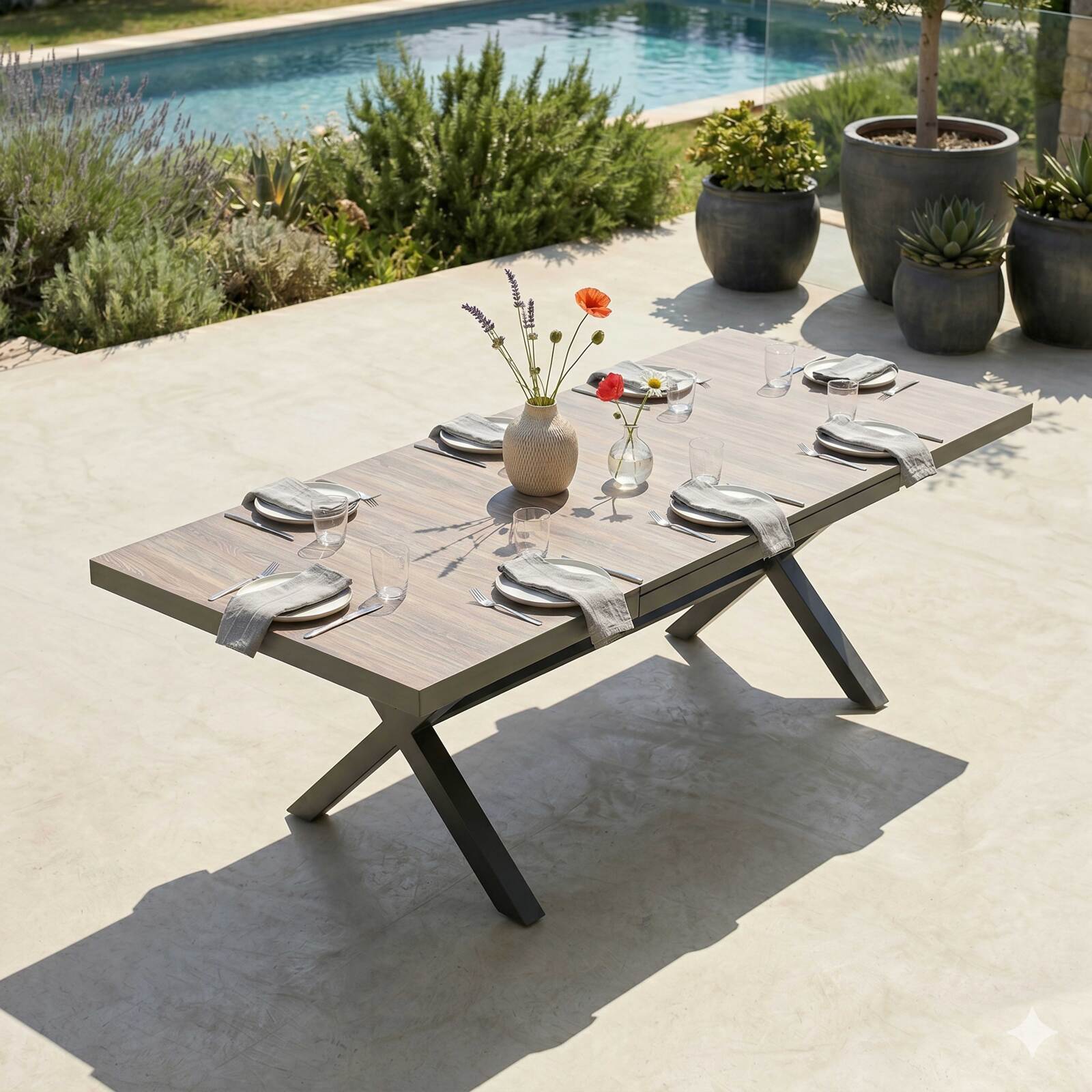 Tavolo da giardino allungabile in alluminio e ceramica effetto legno 8 a 12 persone 200/260x100 cm