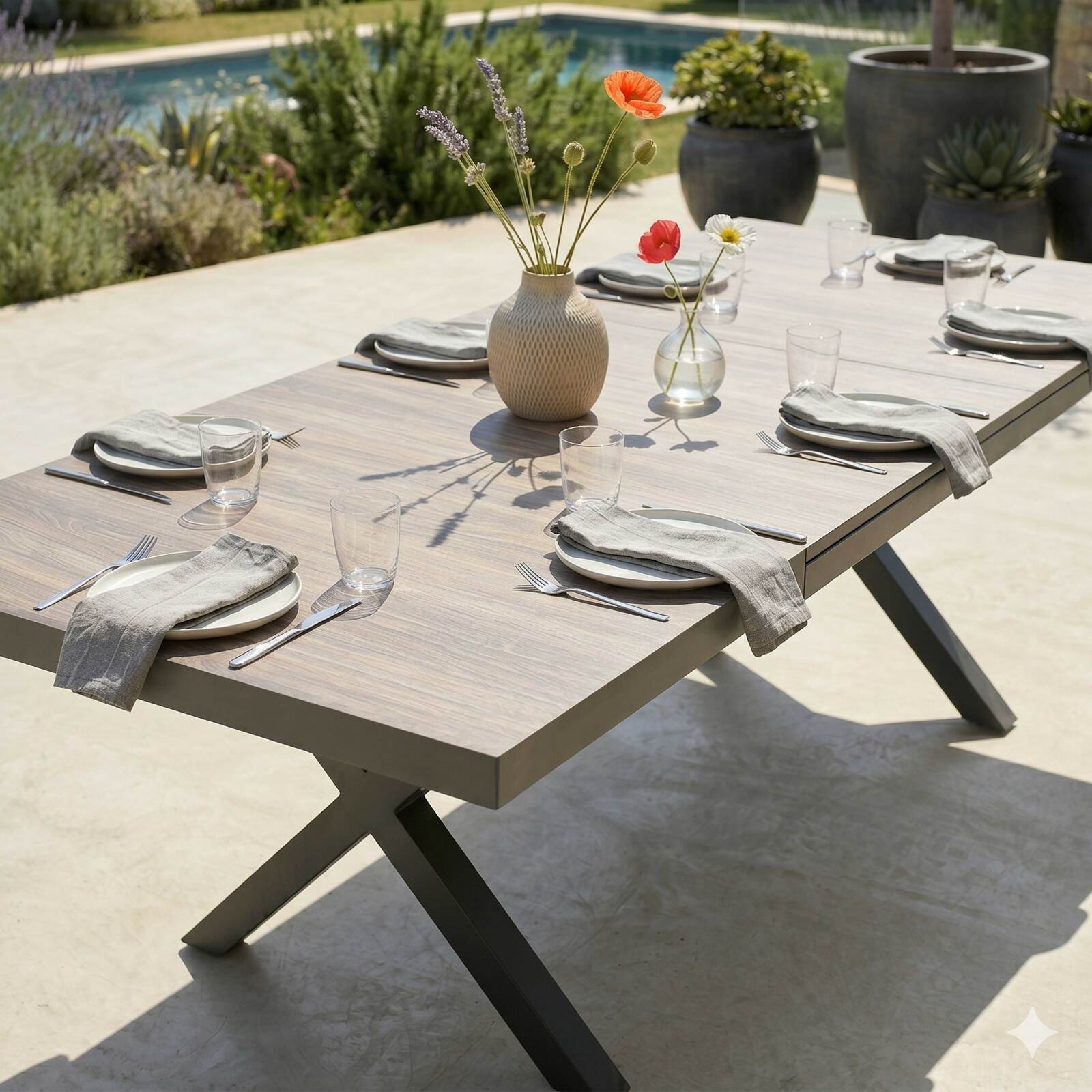 Tavolo da giardino allungabile in alluminio e ceramica effetto legno 8 a 12 persone 200/260x100 cm