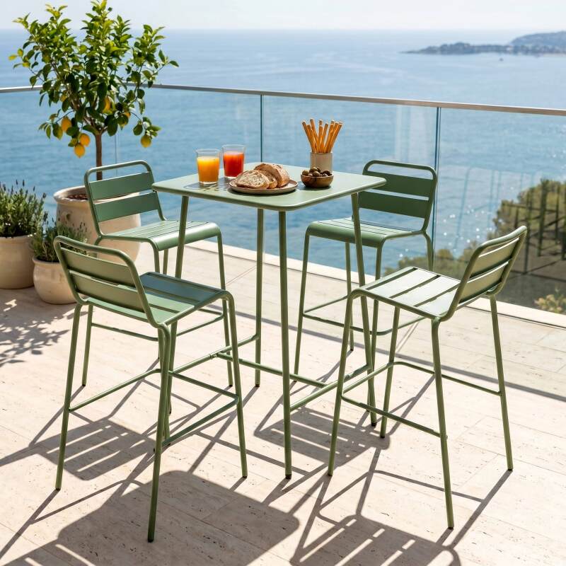 Tavolo alto da esterno quadrato in metallo 70x70 cm e 4 sedie alte