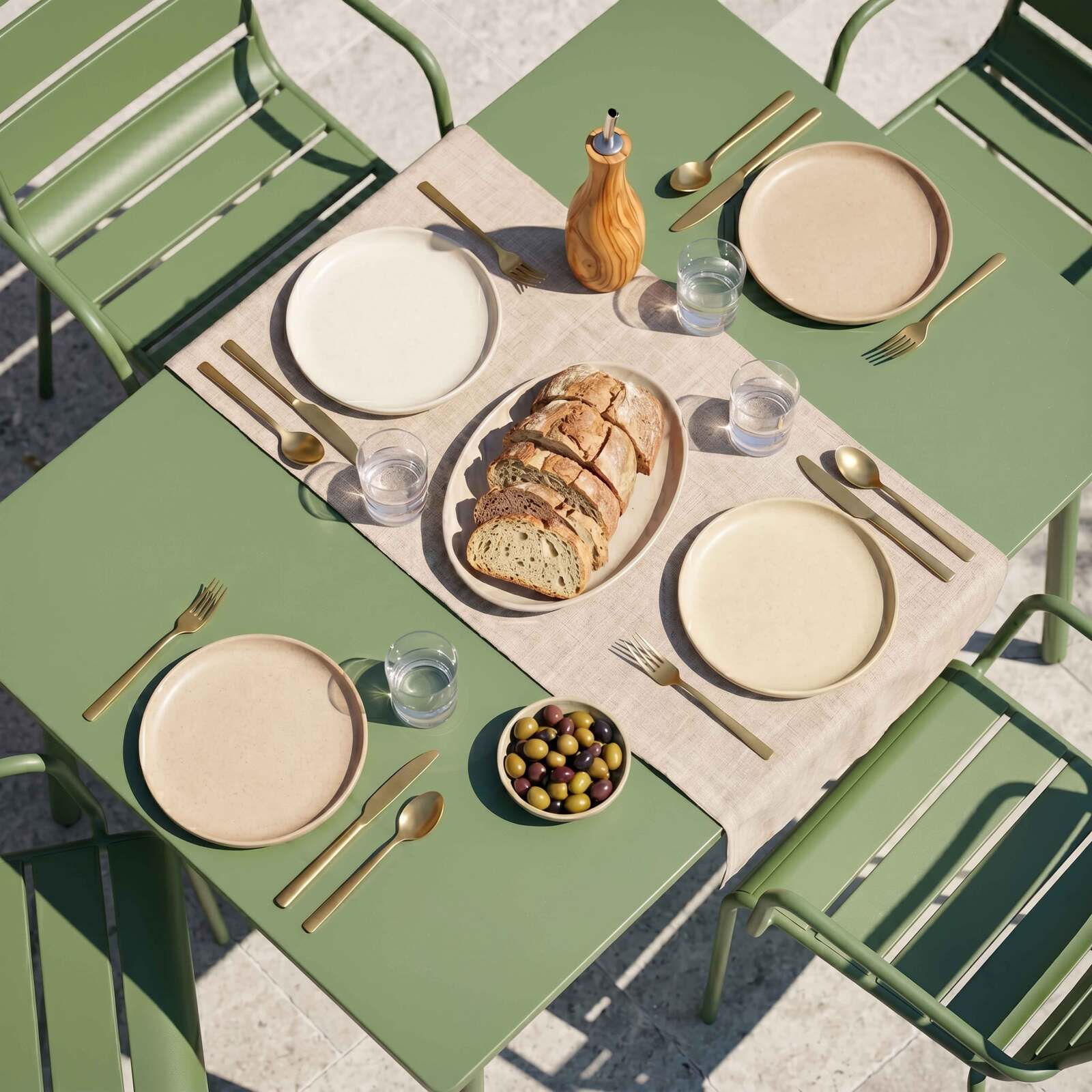 Tavolo da giardino in metallo 120x70 cm e 4 sedie con braccioli