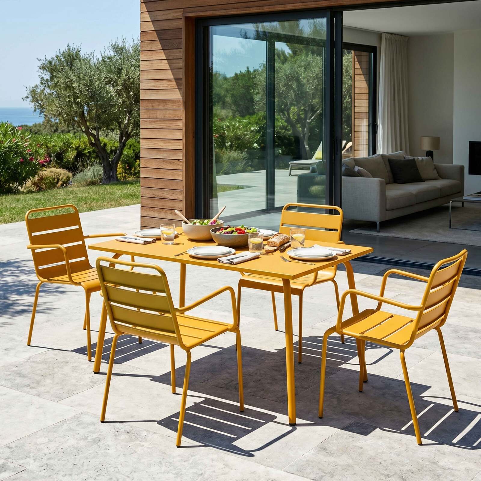 Tavolo da giardino in metallo 120x70 cm e 4 sedie con braccioli