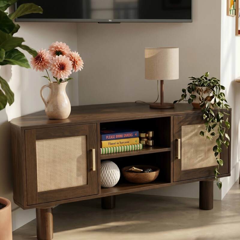 Mobile TV effetto legno 120 cm in rattan sintetico stile scandinavo (2/9)