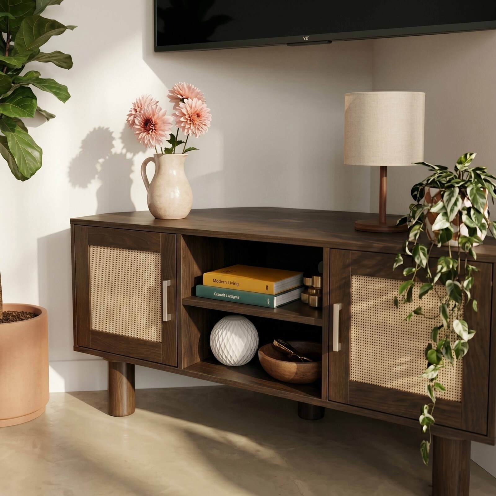 Mobile TV effetto legno 120 cm in rattan sintetico stile scandinavo