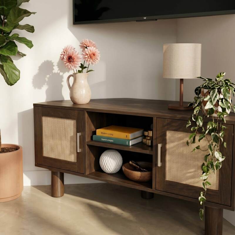 Mobile TV effetto legno 120 cm in rattan sintetico stile scandinavo (3/9)