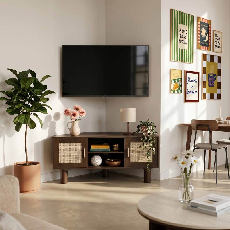 Mobile TV effetto legno 120 cm in rattan sintetico stile scandinavo
