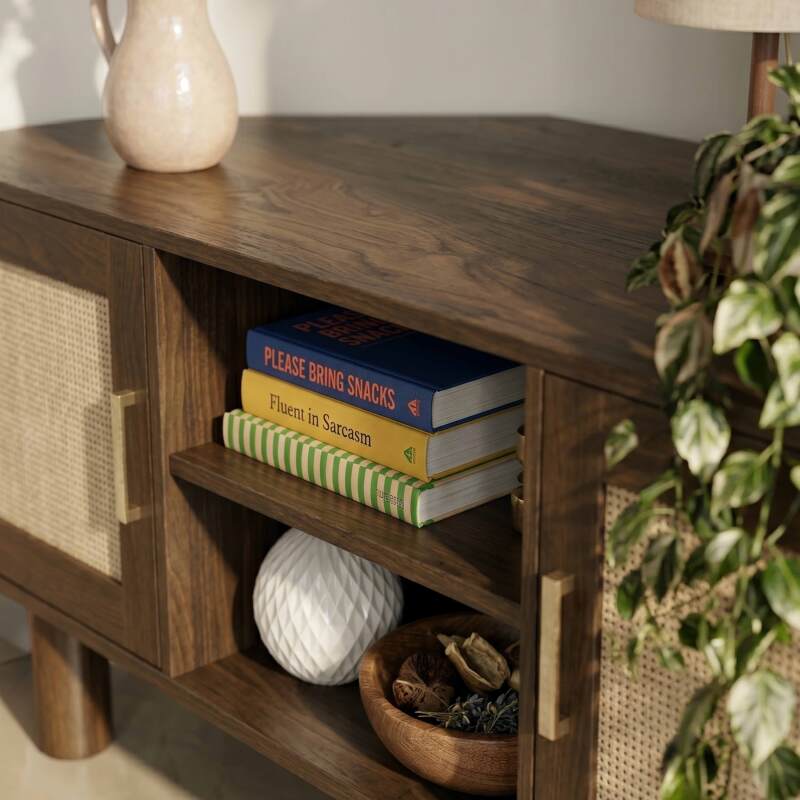 Mobile TV effetto legno 120 cm in rattan sintetico stile scandinavo (4/9)