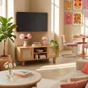 Mobile TV effetto legno 120 cm in rattan sintetico stile scandinavo