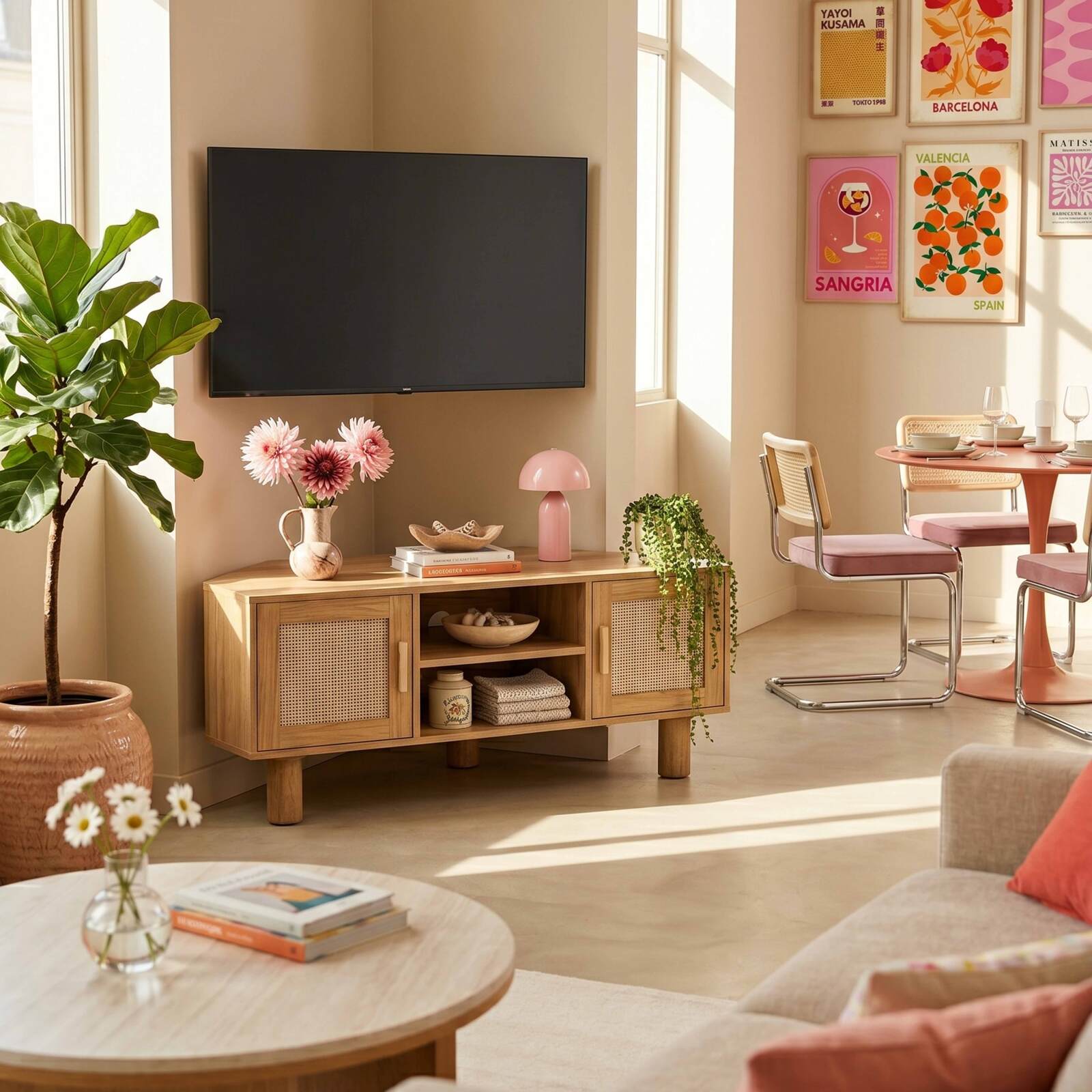 Mobile TV effetto legno 120 cm in rattan sintetico stile scandinavo