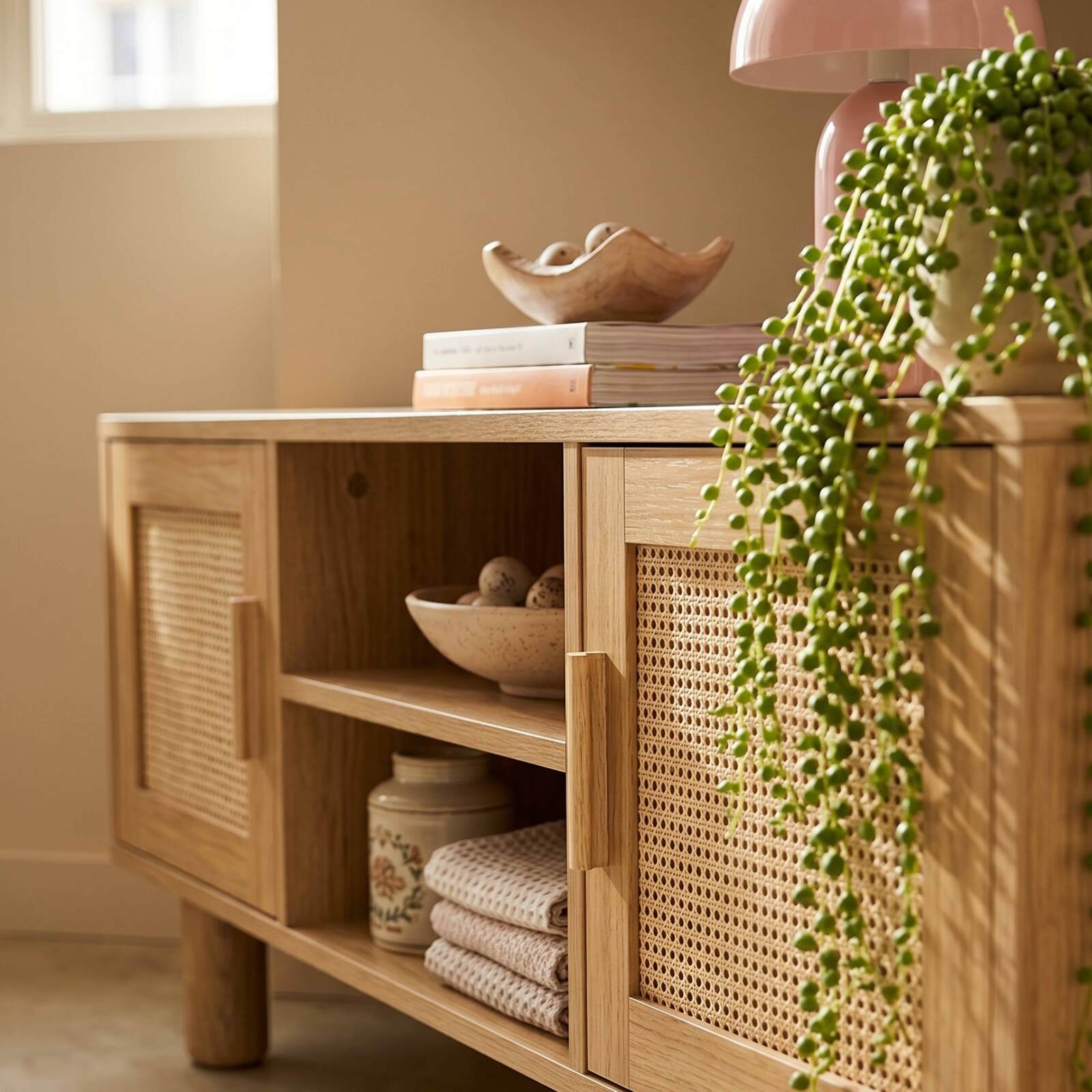 Mobile TV effetto legno 120 cm in rattan sintetico stile scandinavo