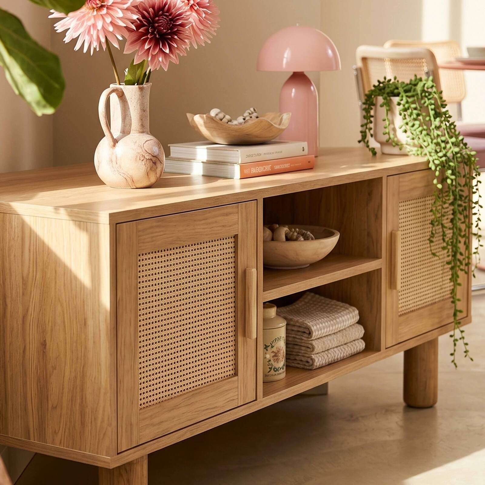 Mobile TV effetto legno 120 cm in rattan sintetico stile scandinavo
