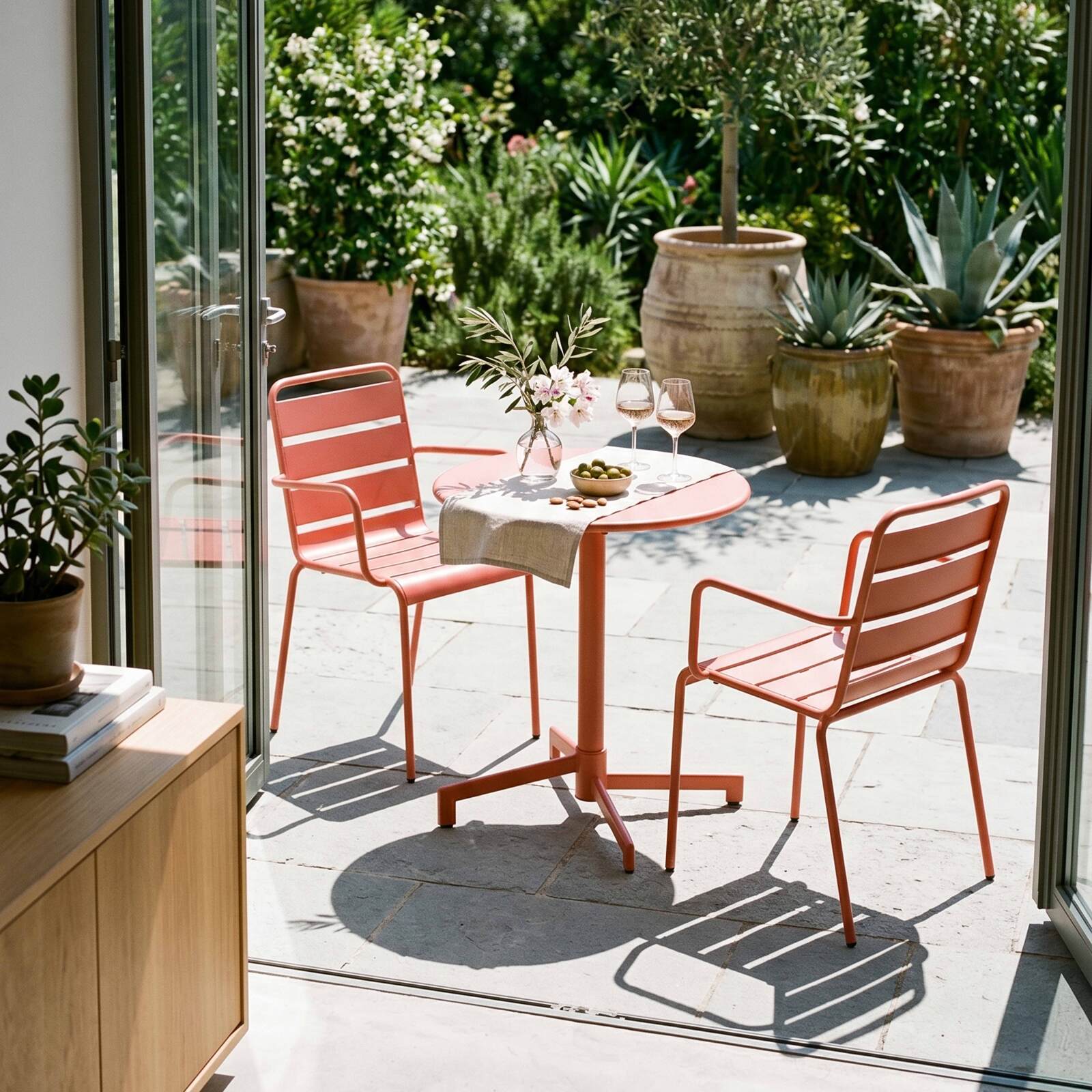 Tavolo da giardino bistrot rotonda inclinabile in metallo con piede incassato 70x70 cm e 2 sedie con braccioli