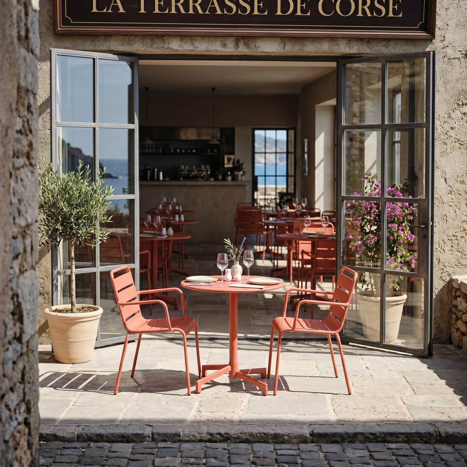 Tavolo da giardino bistrot rotonda inclinabile in metallo con piede incassato 70x70 cm e 2 sedie con braccioli