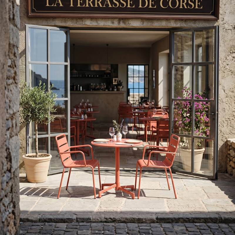 Tavolo da giardino bistrot rotonda inclinabile in metallo con piede incassato 70x70 cm e 2 sedie con braccioli (8/11)