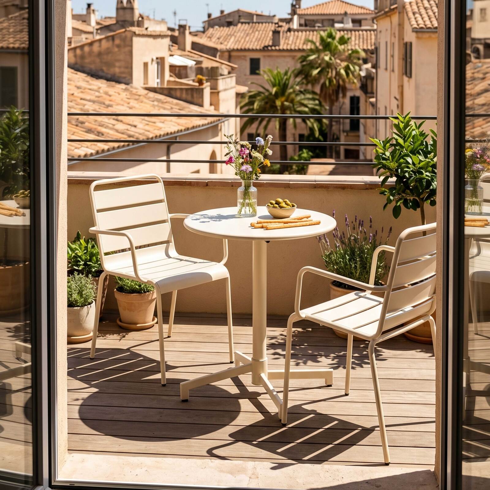 Tavolo da giardino bistrot rotonda inclinabile in metallo con piede incassato 70x70 cm e 2 sedie con braccioli