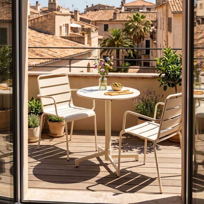 Tavolo da giardino bistrot rotonda inclinabile in metallo con piede incassato 70x70 cm e 2 sedie con braccioli