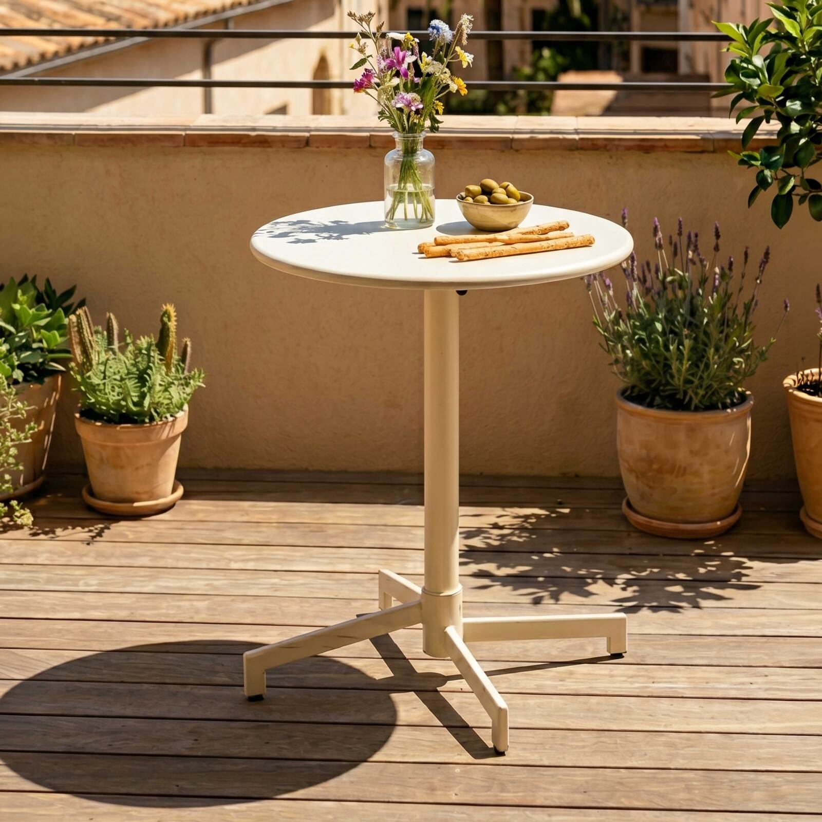 Tavolo da giardino bistrot rotonda inclinabile in metallo con piede incassato 70x70 cm e 2 sedie con braccioli