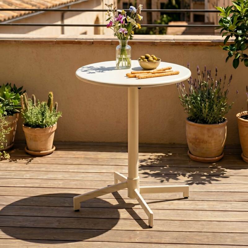 Tavolo da giardino bistrot rotonda inclinabile in metallo con piede incassato 70x70 cm e 2 sedie con braccioli (2/11)