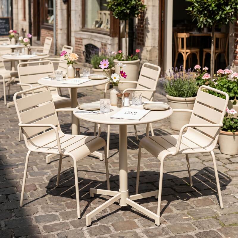 Tavolo da giardino bistrot rotonda inclinabile in metallo con piede incassato 70x70 cm e 2 sedie con braccioli (8/11)