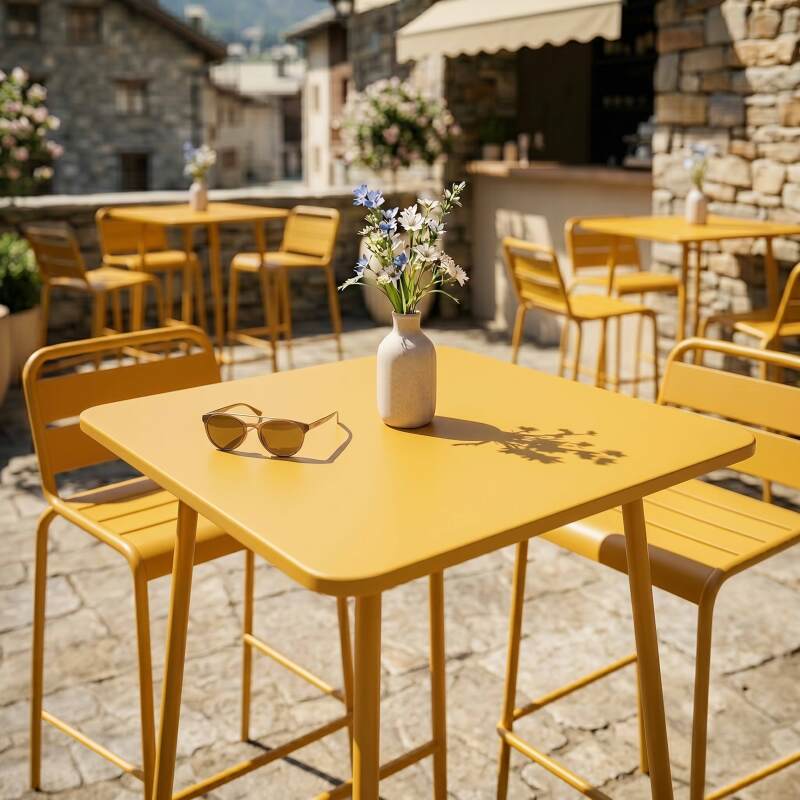 Tavolo alto da esterno bistrot quadrato in metallo 70x70 cm e 2 sedie alte (6/7)