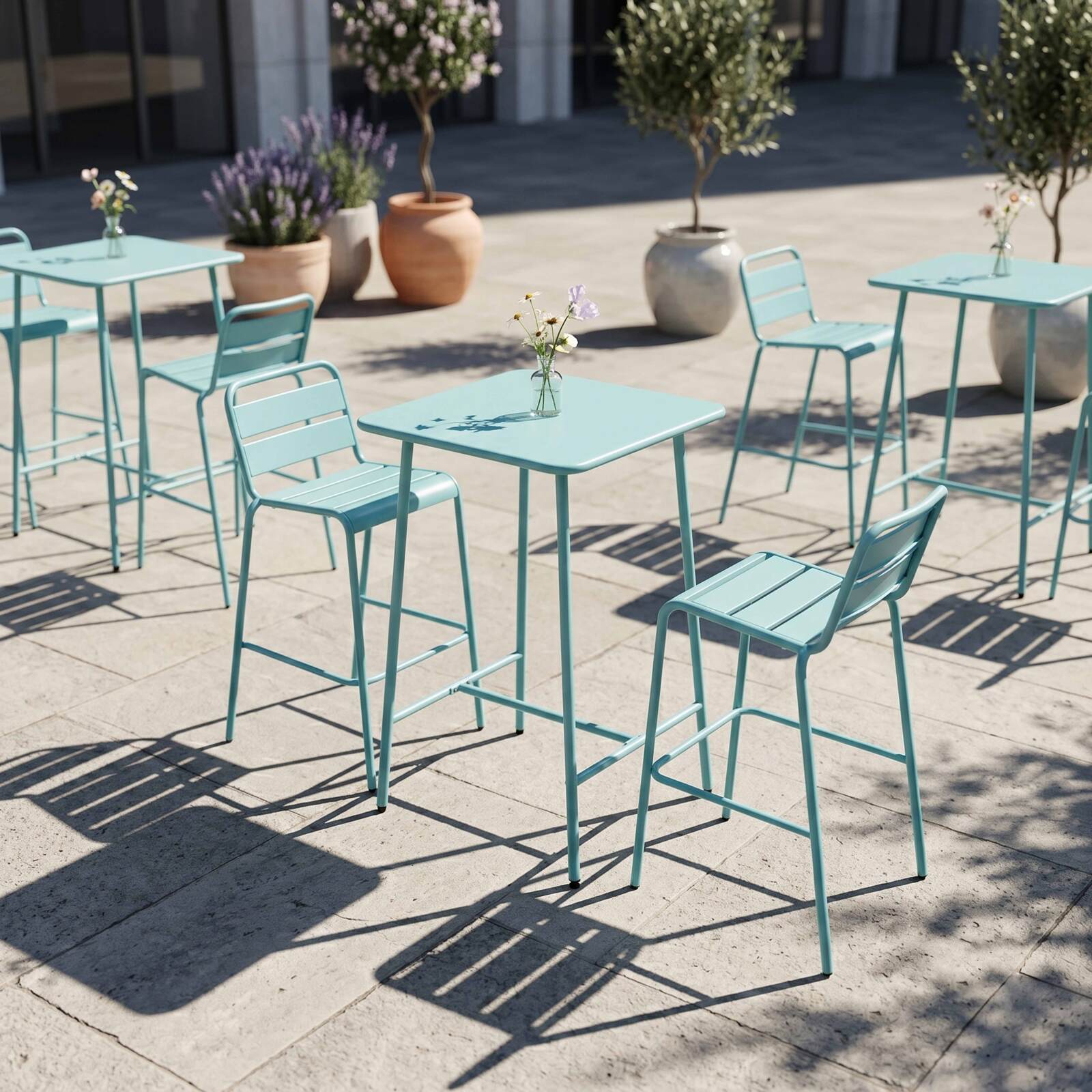 Tavolo alto da esterno bistrot quadrato in metallo 70x70 cm e 2 sedie alte