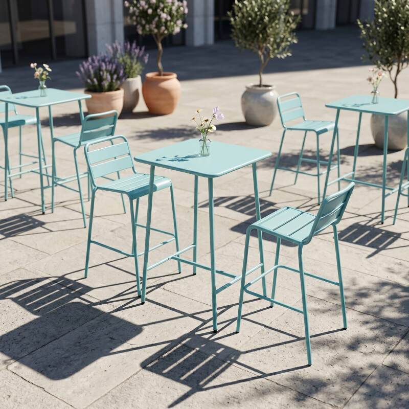 Tavolo alto da esterno bistrot quadrato in metallo 70x70 cm e 2 sedie alte (4/7)