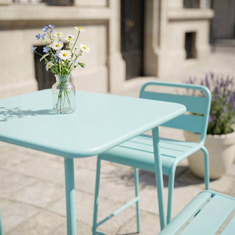 Tavolo alto da esterno bistrot quadrato in metallo 70x70 cm e 2 sedie alte (5/7)