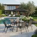 Tavolo da giardino in metallo e vetro 140x80 cm e 6 sedie con braccioli e un ombrellone