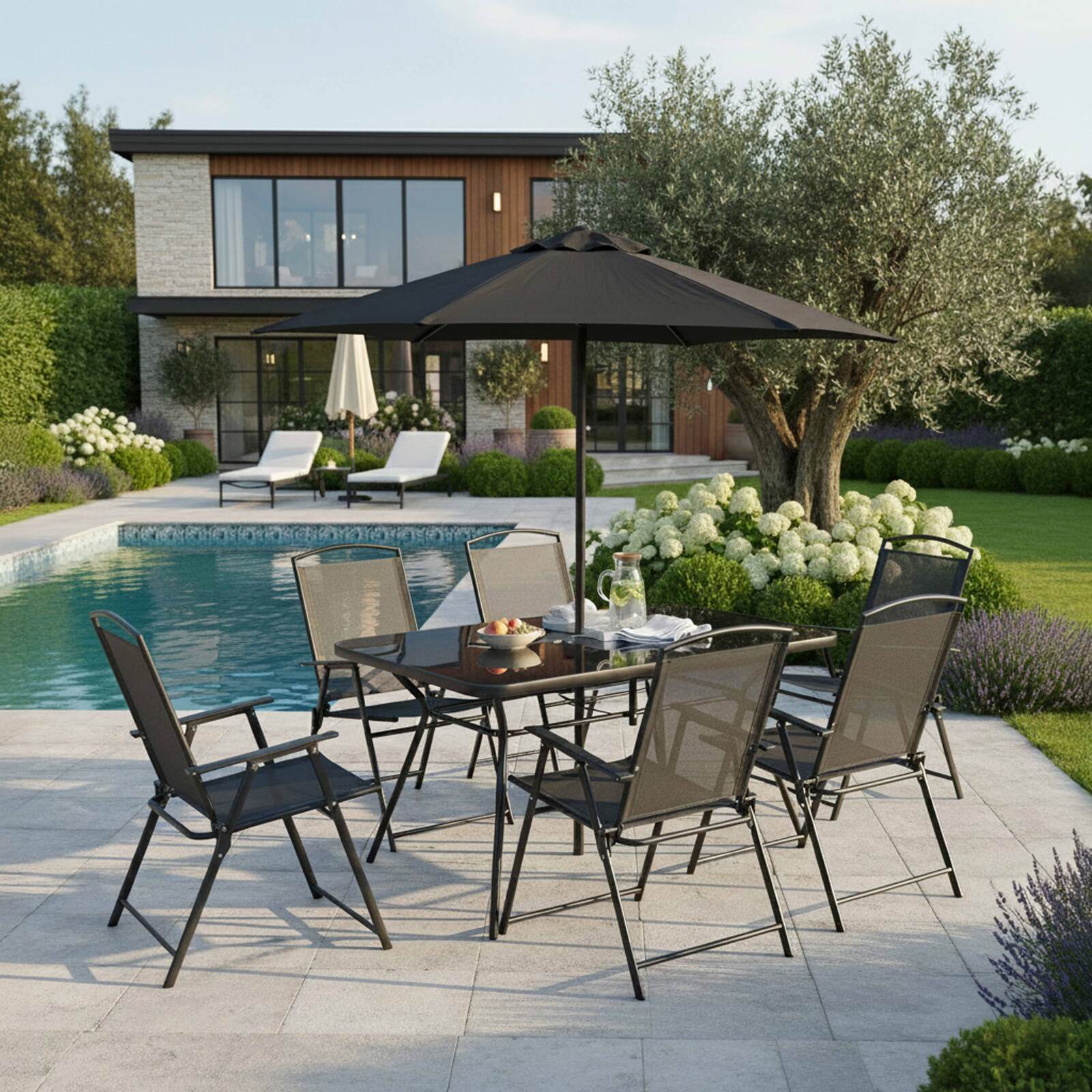 Tavolo da giardino in metallo e vetro 140x80 cm e 6 sedie con braccioli e un ombrellone
