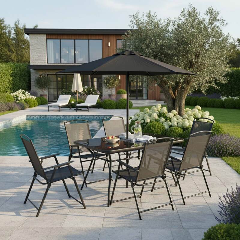 Tavolo da giardino in metallo e vetro 140x80 cm e 6 sedie con braccioli e un ombrellone