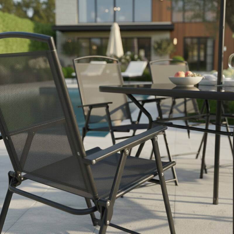 Tavolo da giardino in metallo e vetro 140x80 cm e 6 sedie con braccioli e un ombrellone (3/7)