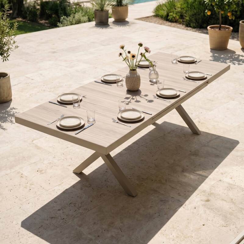 Tavolo da giardino allungabile in alluminio e ceramica effetto legno 8 a 12 persone 200/260x100 cm 