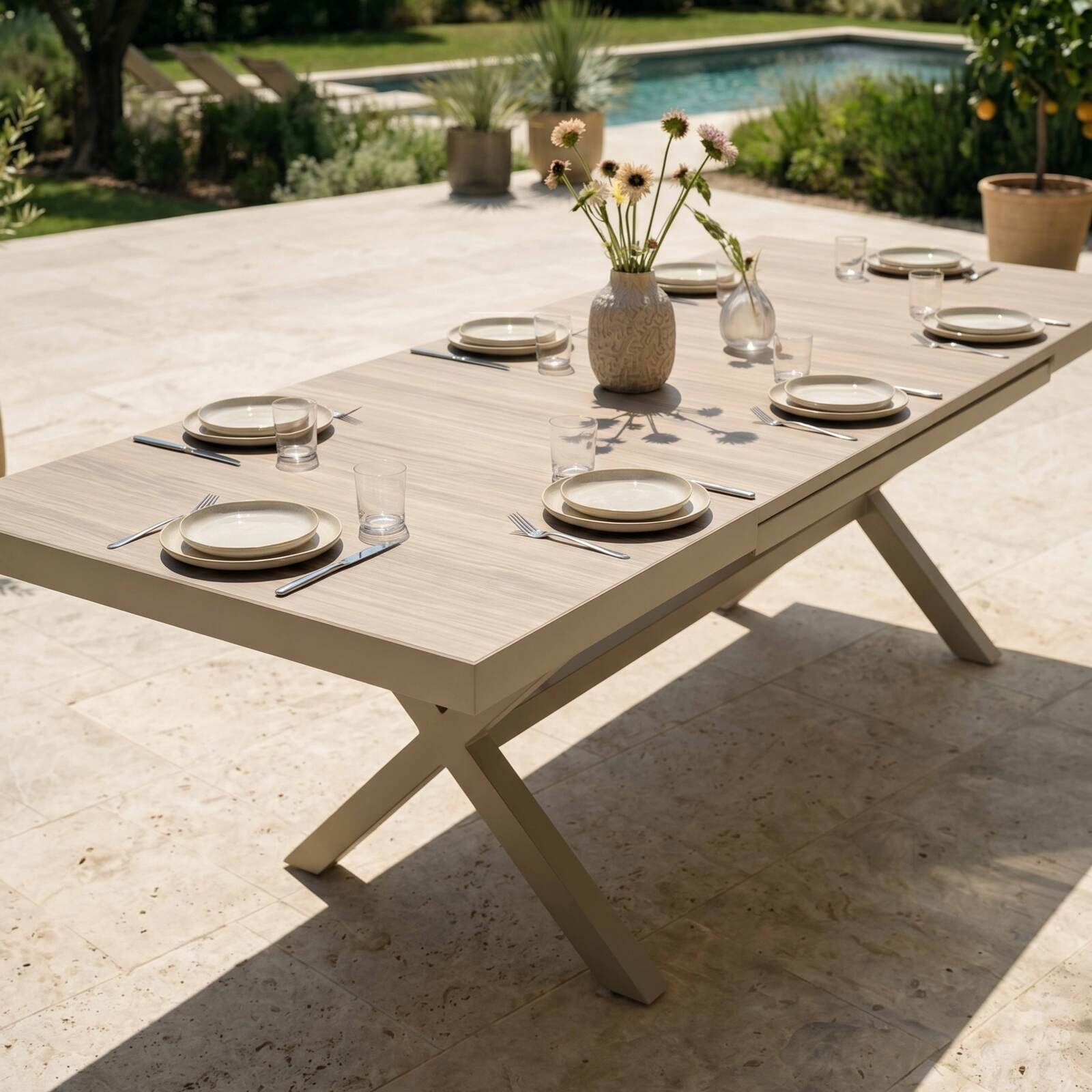 Tavolo da giardino allungabile in alluminio e ceramica effetto legno 200/260x100 cm e 10 sedie in textilene
