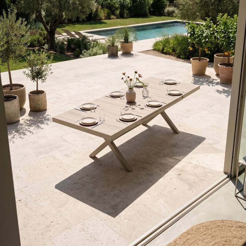 Tavolo da giardino allungabile in alluminio e ceramica effetto legno 200/260x100 cm e 10 sedie in textilene (3/10)
