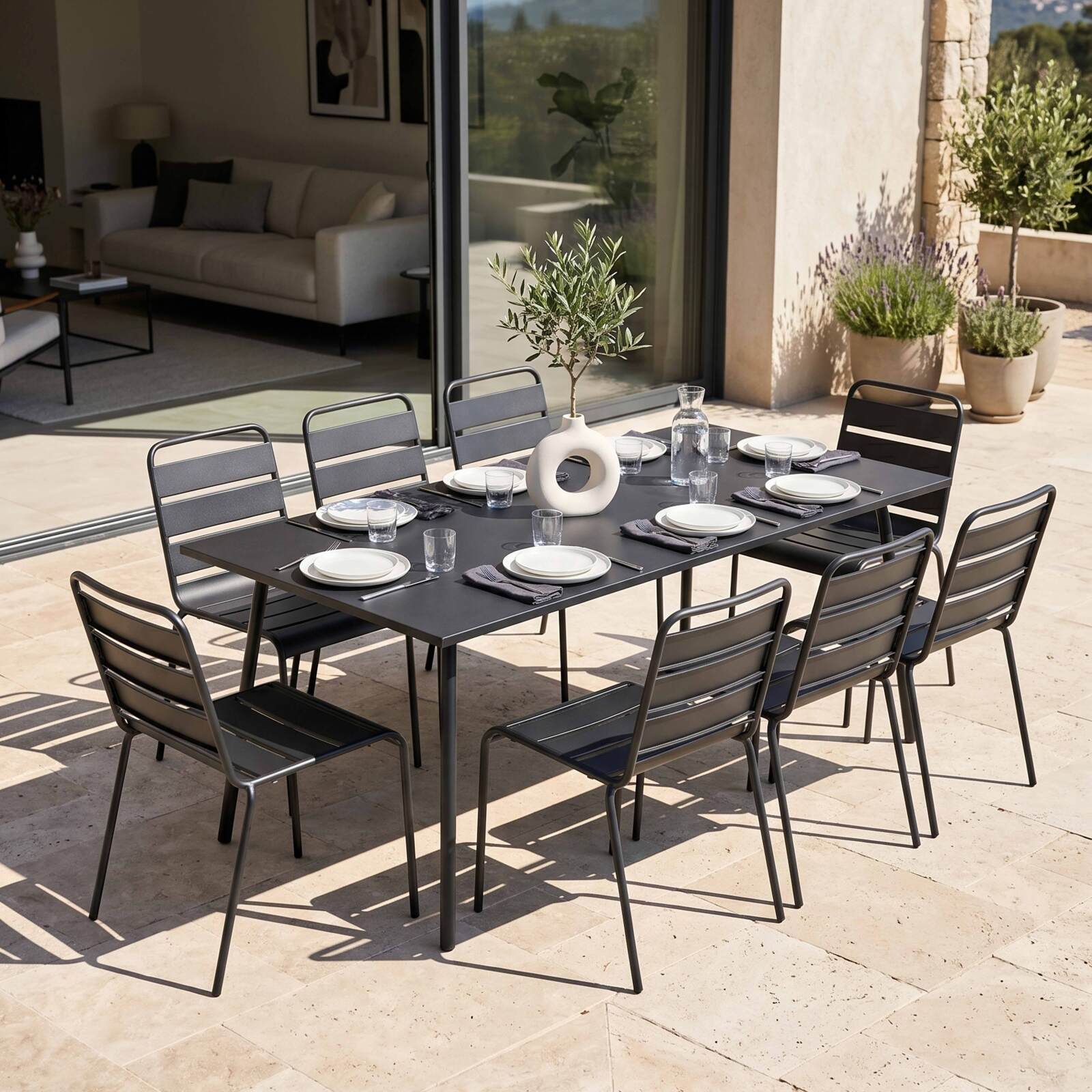 Tavolo da giardino rettangolare 180 x 90 cm e 8 sedie in metallo