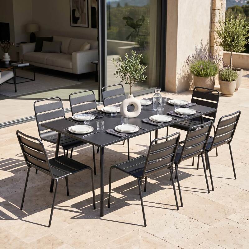 Tavolo da giardino rettangolare 180 x 90 cm e 8 sedie in metallo
