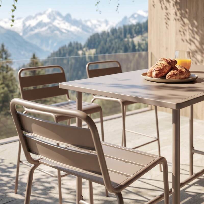Tavolo alto da esterno in metallo 120x60 cm e 4 sedie alte (4/7)