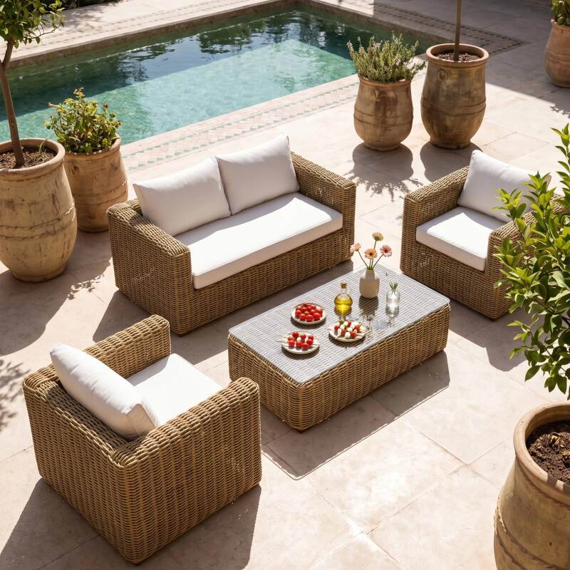 Salotto da giardino in resina intrecciata a 4 posti con 1 divano, 2 poltrone e 1 tavolino