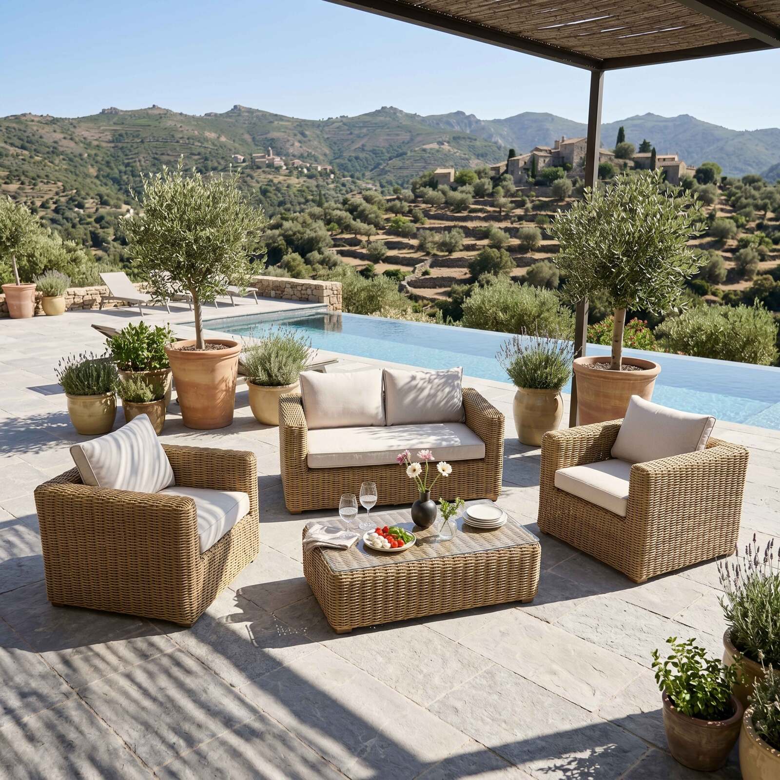 Salotto da giardino in resina intrecciata a 4 posti con 1 divano, 2 poltrone e 1 tavolino