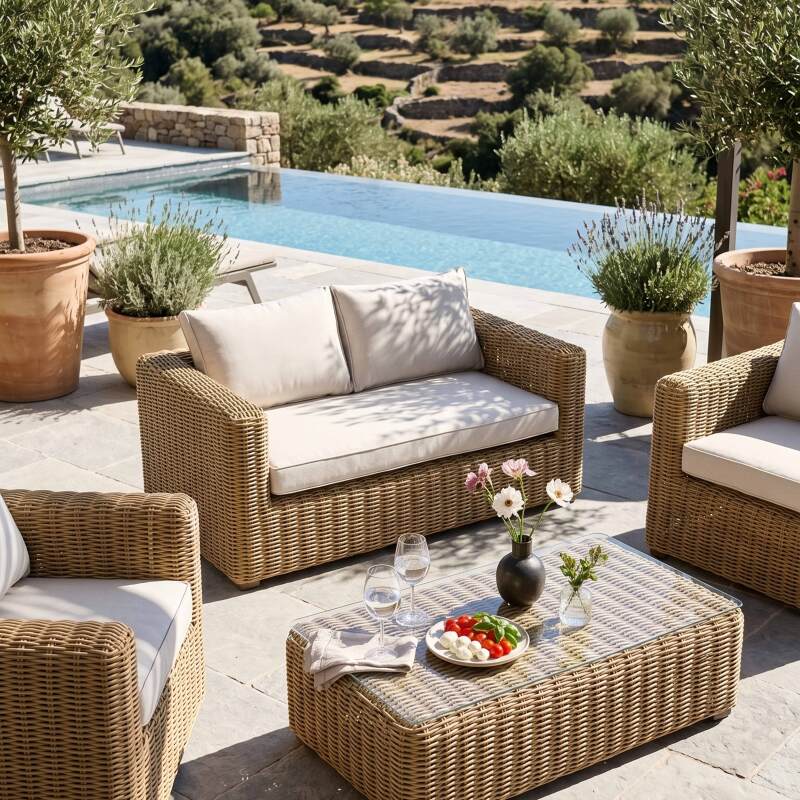 Salotto da giardino in resina intrecciata a 4 posti con 1 divano, 2 poltrone e 1 tavolino (8/9)