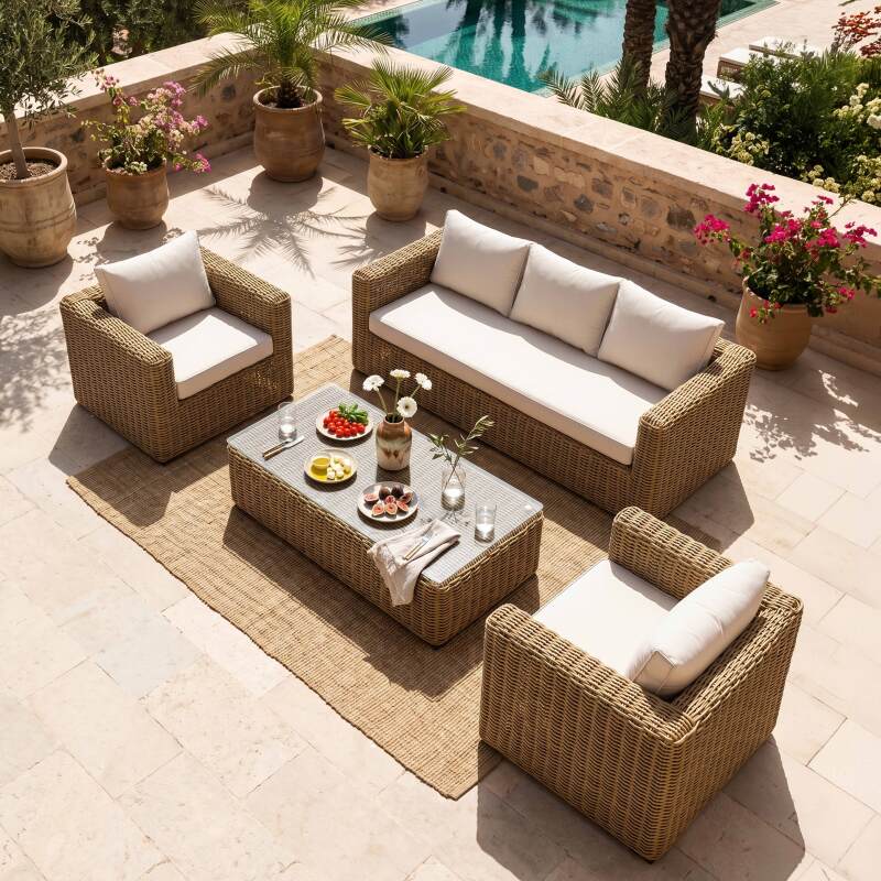 Salotto da giardino in resina intrecciata a 5 posti con 1 divano, 2 poltrone e 1 tavolino