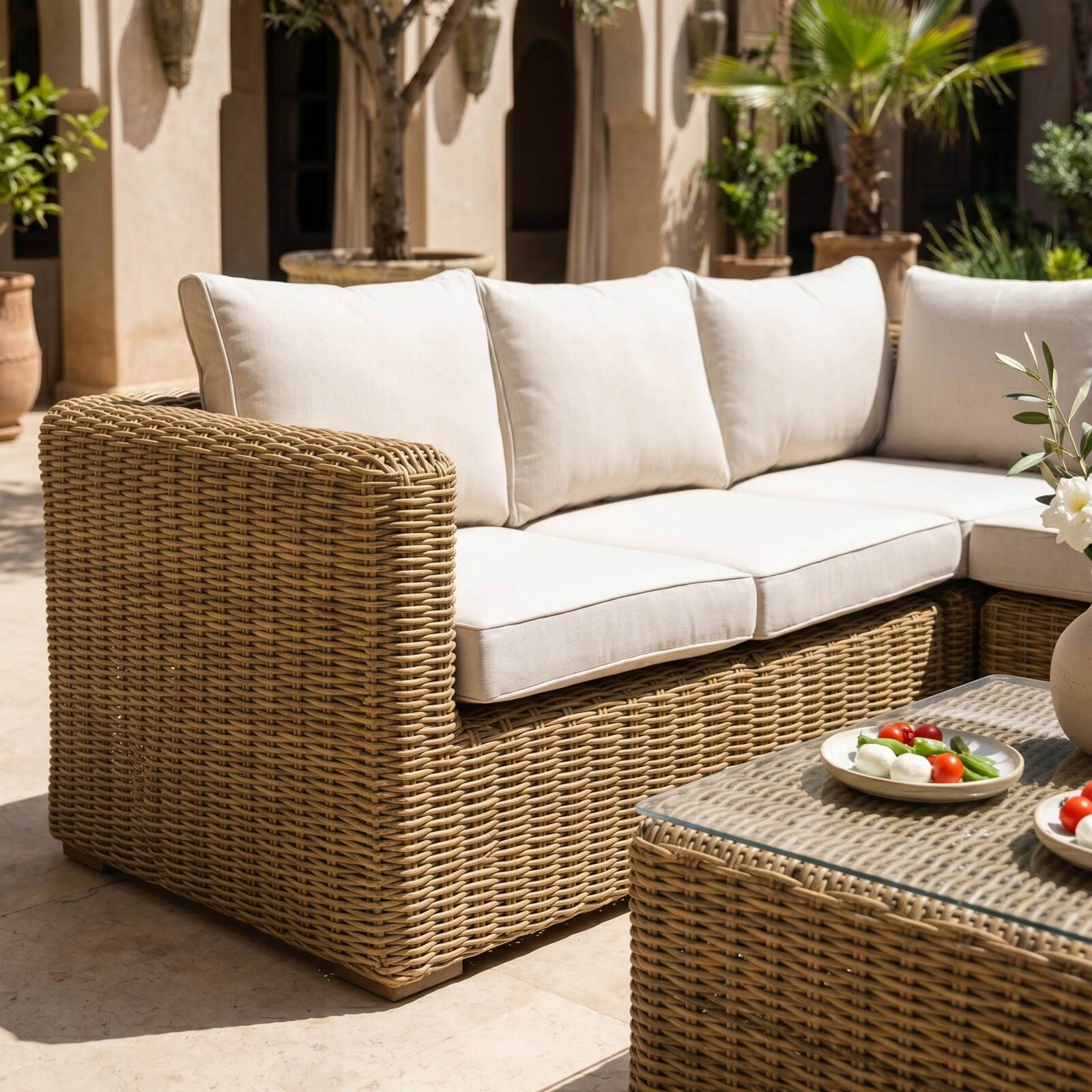 Salotto da giardino ad angolo modulare in resina intrecciata a 5 posti con 1 tavolino