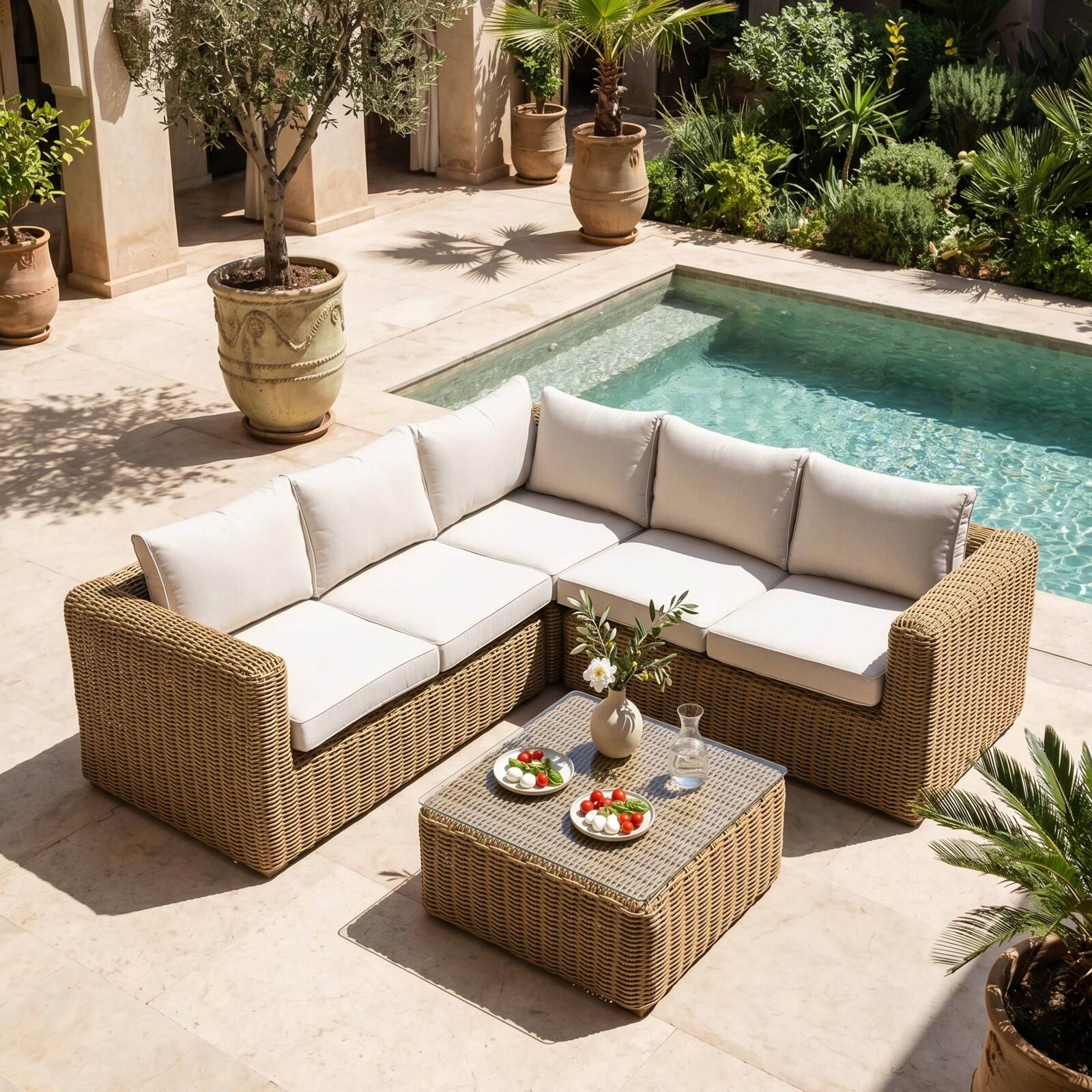 Salotto da giardino ad angolo modulare in resina intrecciata a 5 posti con 1 tavolino
