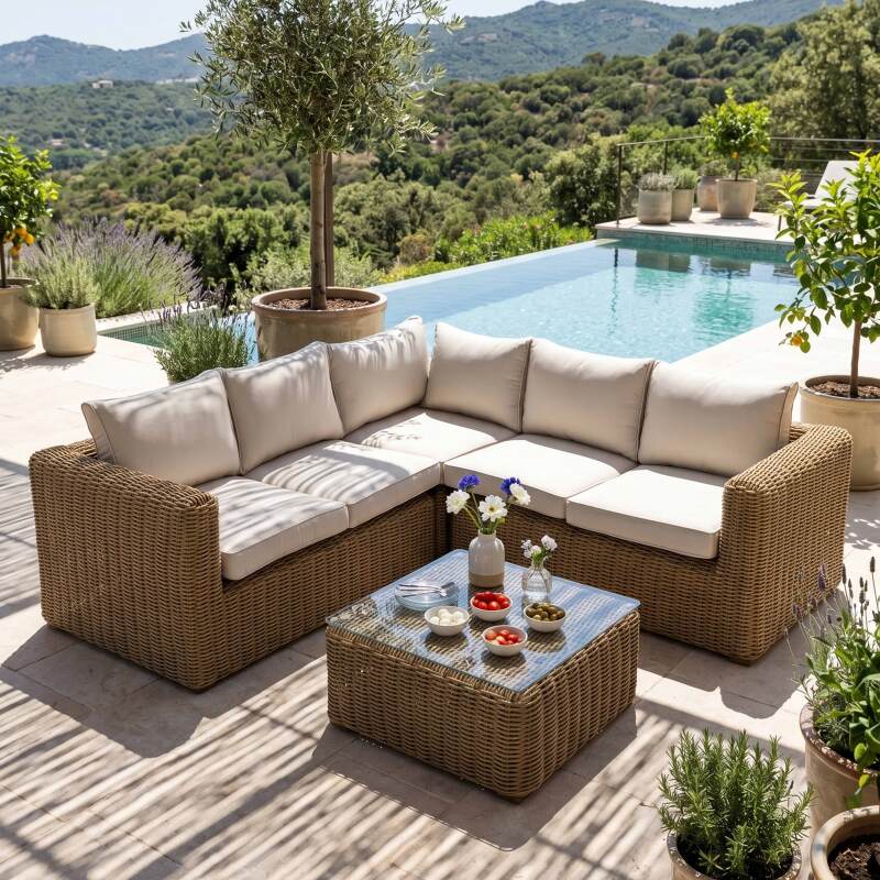 Salotto da giardino ad angolo modulare in resina intrecciata a 5 posti con 1 tavolino (7/9)