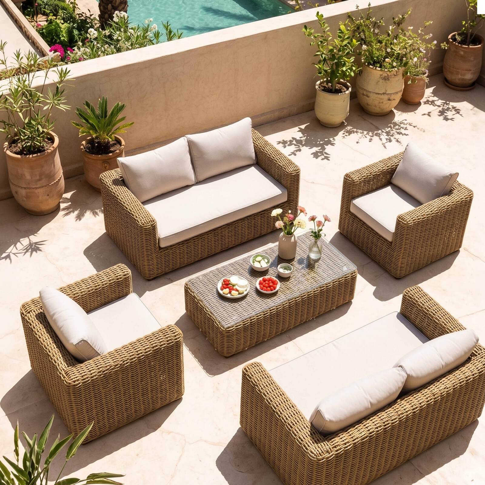 Salotto da giardino in resina intrecciata a 6 posti con 2 divani, 2 poltrone e 1 tavolino